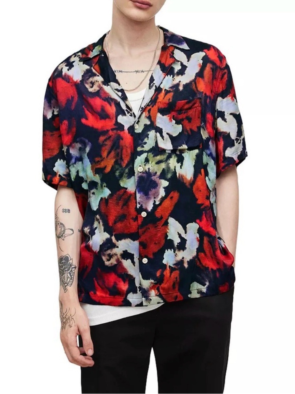 ALL SAINTS JET BLACK "ROSEA" RELAXED FIT FLORAL S/S SHIRT TOP - XL MSRP $199